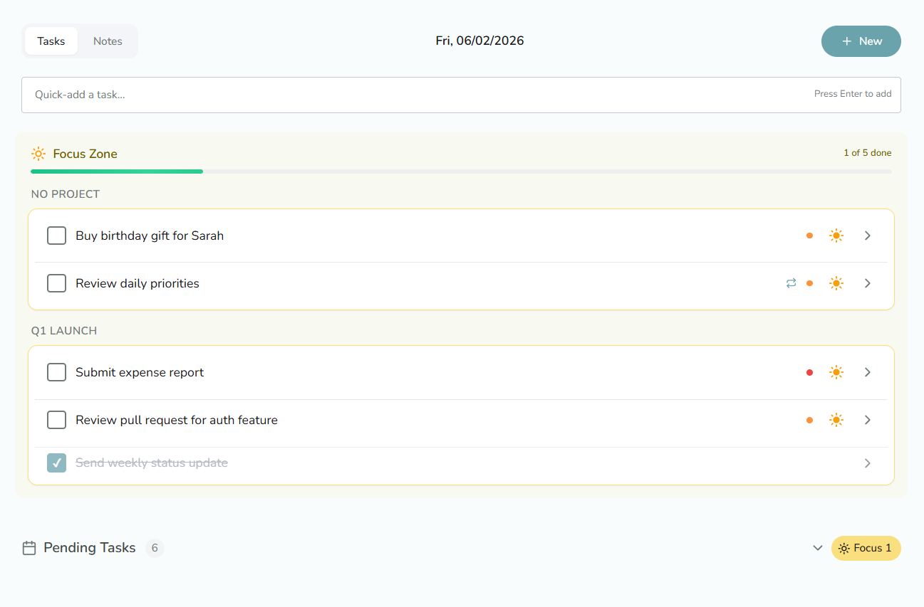 CalmLoop Dashboard - Focus Zone and Pending Tasks