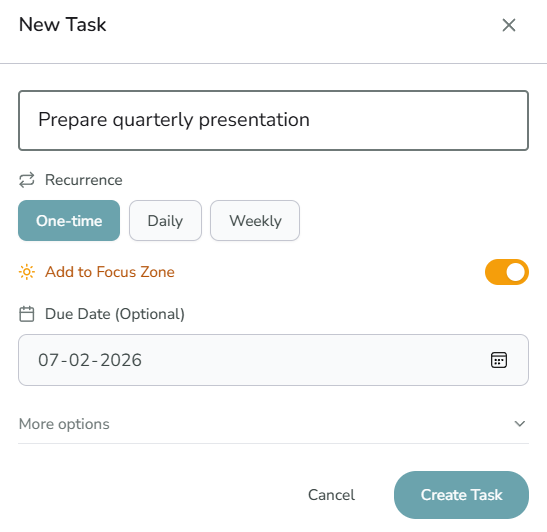 Clean create task modal with essential fields and expandable options