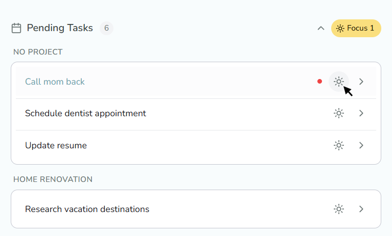 Pending tasks with sun icon to add to focus zone