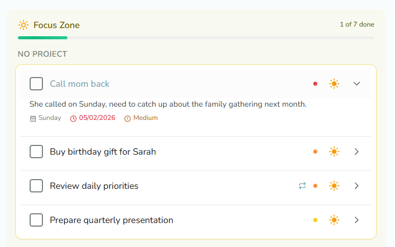 Focus zone with today's committed tasks